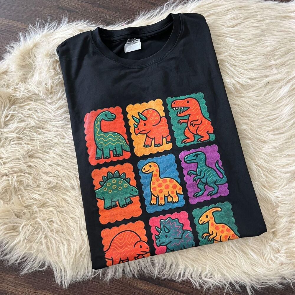 NWOT Black Retro Dino Dinosaur Grid Graphic Tee T-shirt Size XL Unisex